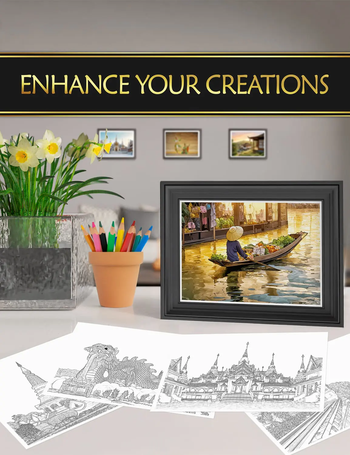 Framed coloring pages from "Destination Thailand", perfect for displaying your artistic creations at home.