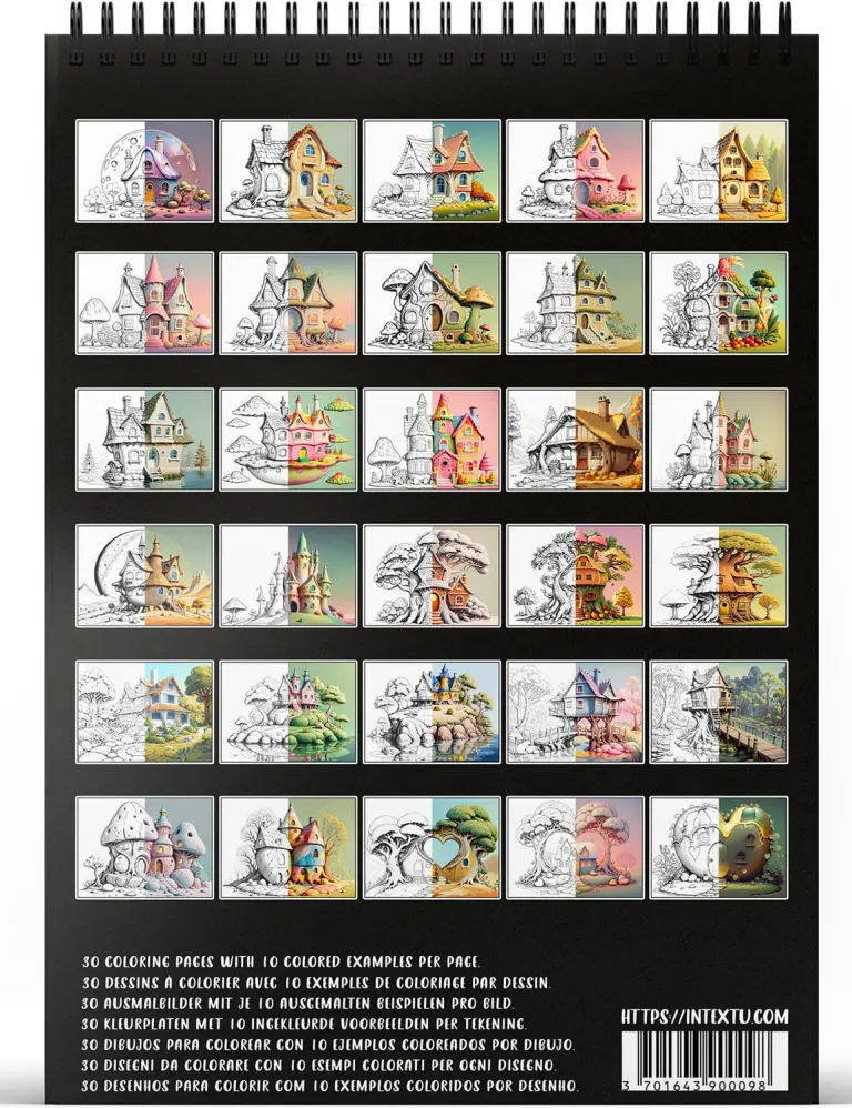 Preview of the 30 coloring pages from the "Fairytale Houses" adult coloring book for relaxation and creative escape.