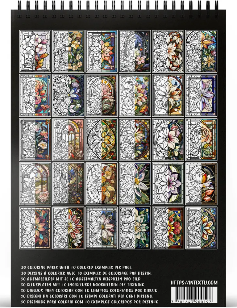 Preview of the 30 coloring pages from the "Floral Stained Glass" adult coloring book for relaxation and creative escape.