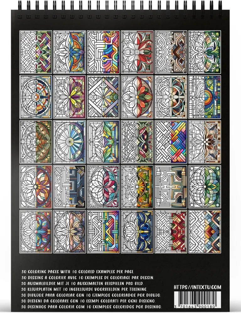 Preview of the 30 coloring pages from the "Modern Stained Glass" adult coloring book for relaxation and creative escape.
