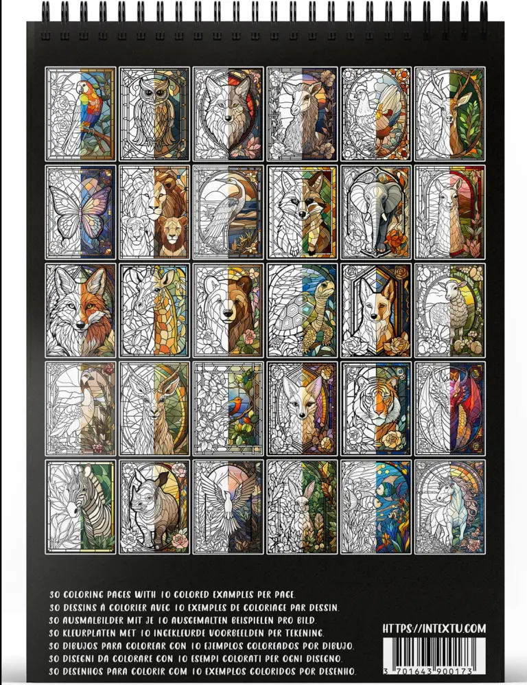 Preview of the 30 coloring pages from the "Stained Glass - Animals" adult coloring book for relaxation and creative escape.