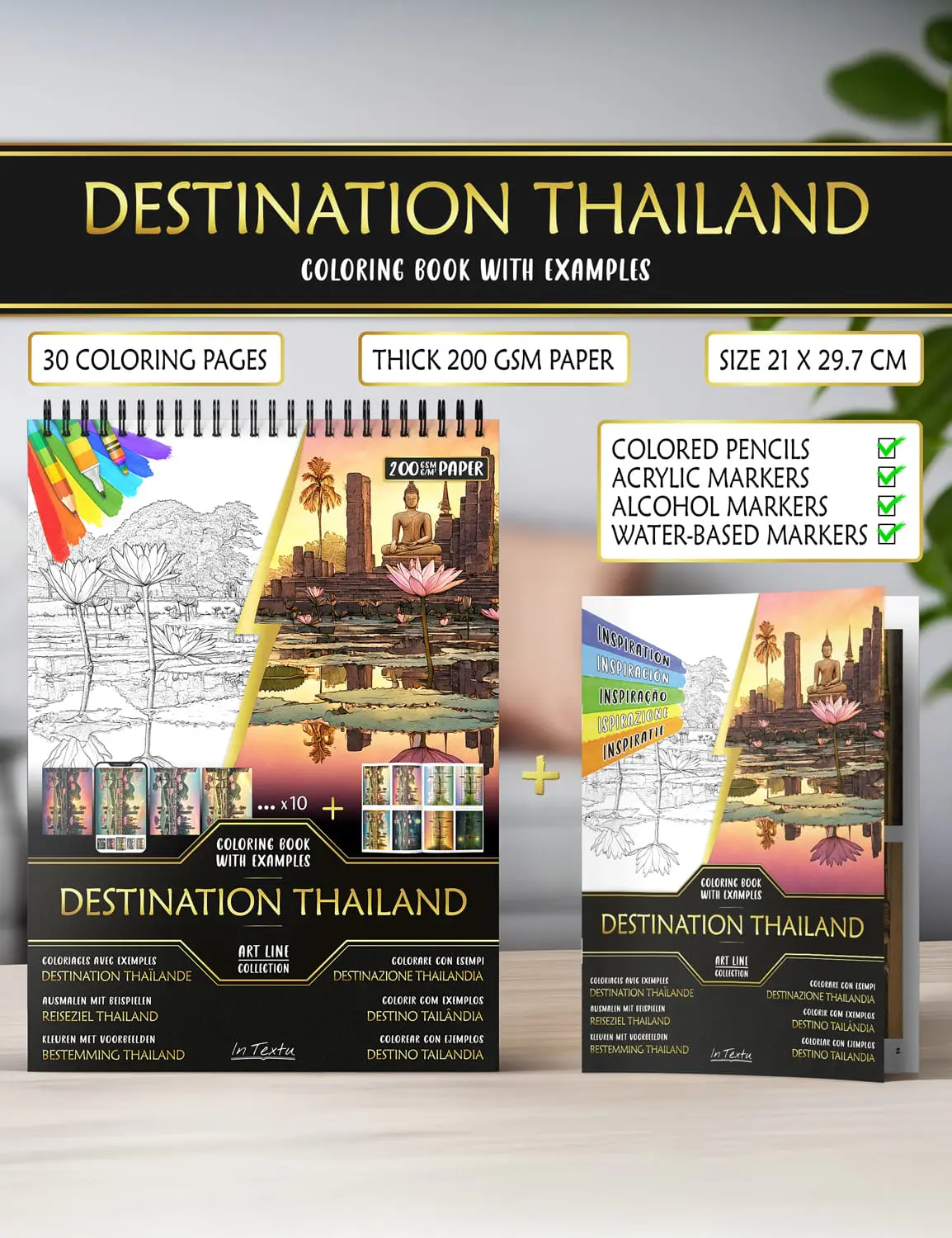 Example booklet from "Destination Thailand", printed on thick A4 paper, suitable for colored pencils, water or alcohol markers.