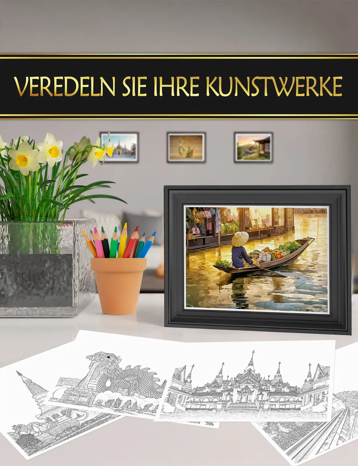 Gerahmte Ausmalbilder aus "Reiseziel Thailand", perfekt zur Dekoration und Präsentation Ihrer Werke.