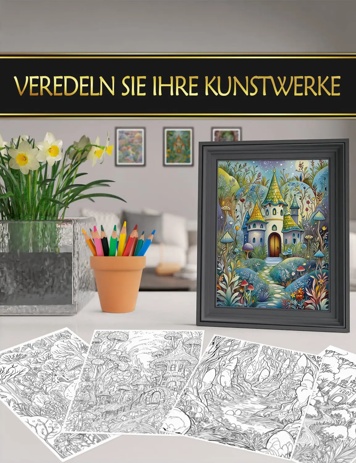 Präsentieren Sie Ihre Kunst – "Verzauberte Wälder" als Wanddekoration Gerahmte Ausmalbilder aus "Verzauberte Wälder", perfekt zur Dekoration und Präsentation Ihrer Werke.