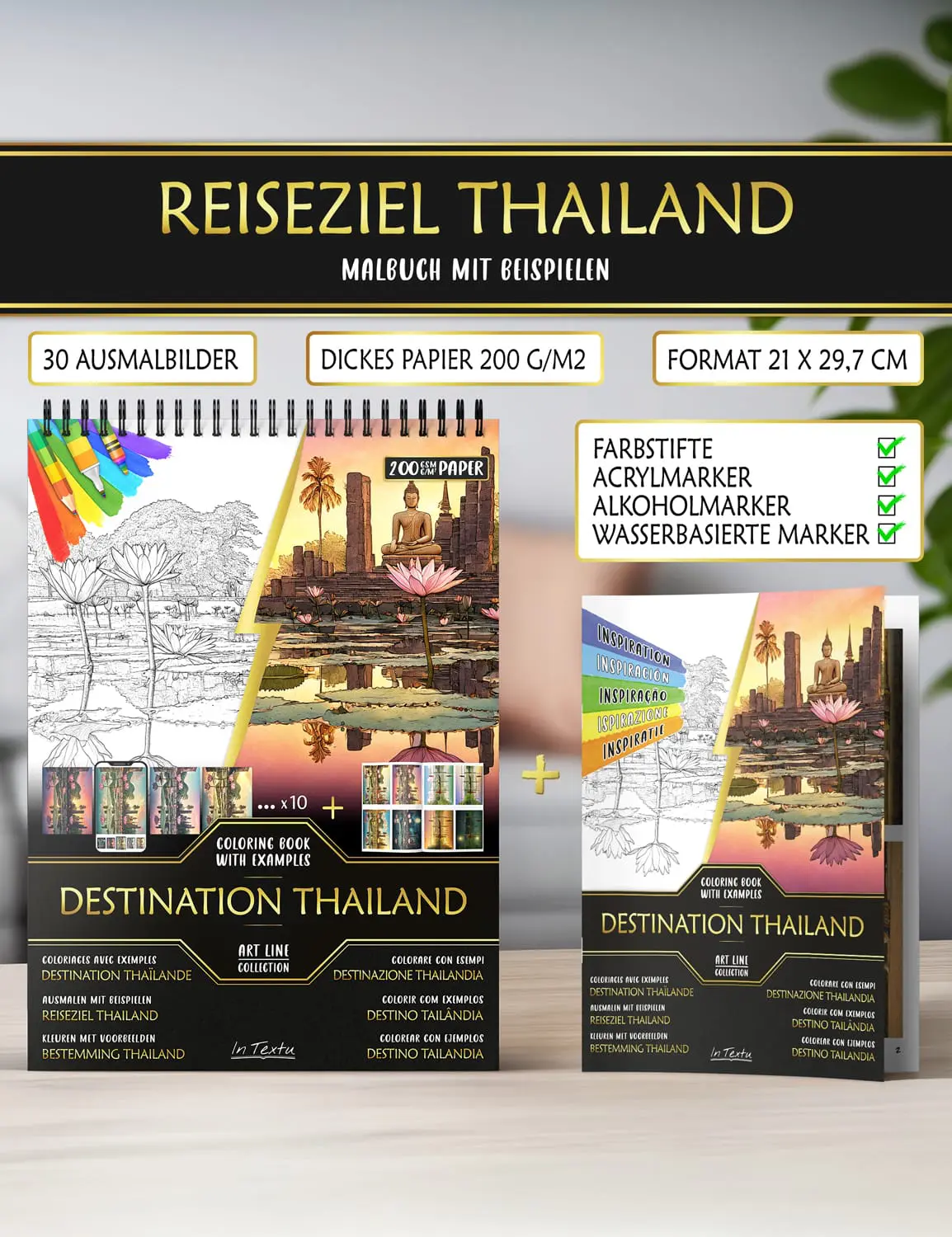 Beispielheft aus "Reiseziel Thailand", gedruckt auf dickem A4-Papier, geeignet für Buntstifte, Marker auf Wasser- oder Alkoholbasis.