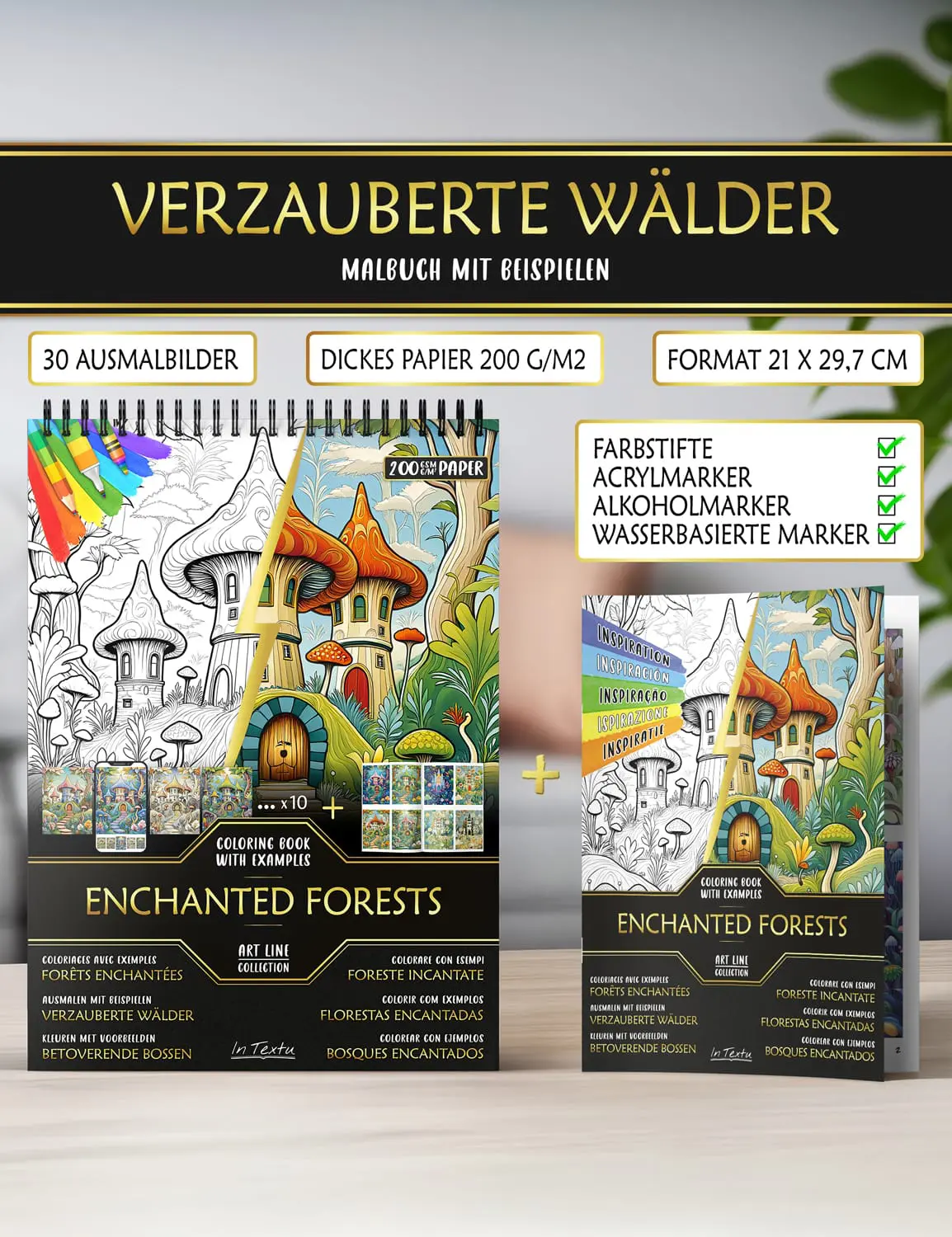 Inspirationsheft mit farbigen Beispielen – kreativer Leitfaden inklusive Beispielheft aus "Verzauberte Wälder", gedruckt auf dickem A4-Papier, geeignet für Buntstifte, Marker auf Wasser- oder Alkoholbasis.