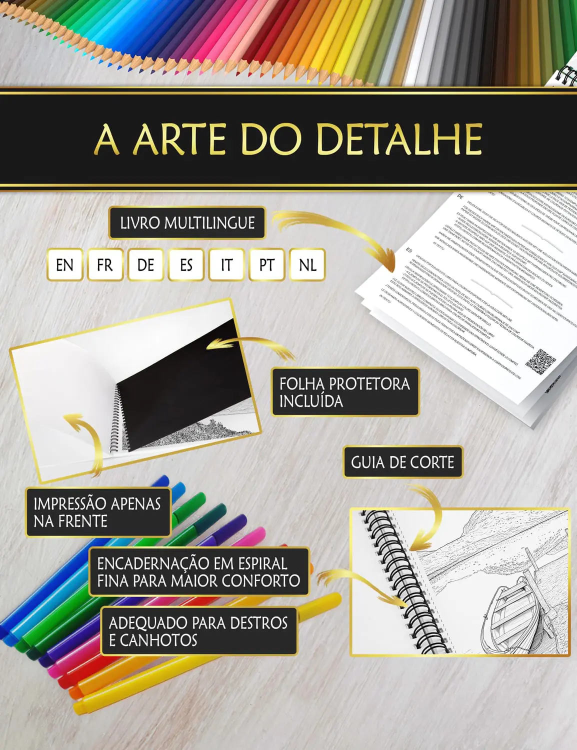 Livro com folha protetora anti-manchas, encadernação espiral fina e guia de corte fácil para um colorir confortável.