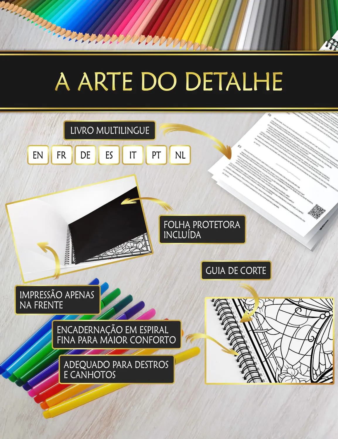 Livro com folha protetora anti-manchas, encadernação espiral fina e guia de corte fácil para um colorir confortável.