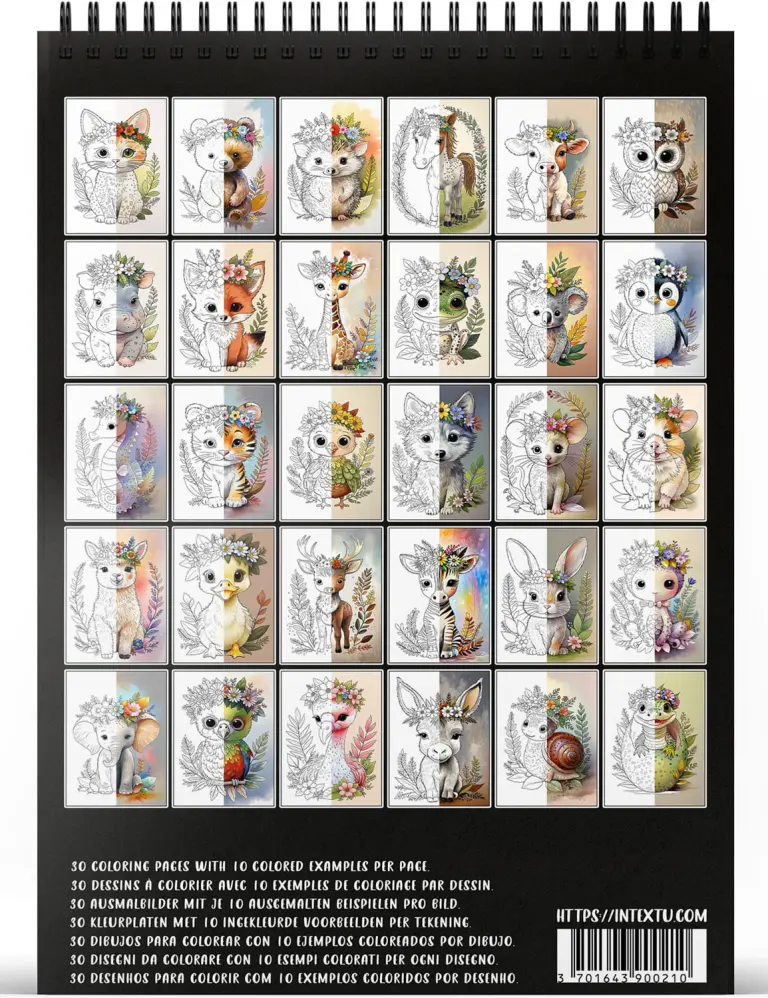Preview of the 30 coloring pages from the "Adorable Baby Animals" adult coloring book for relaxation and creative escape.