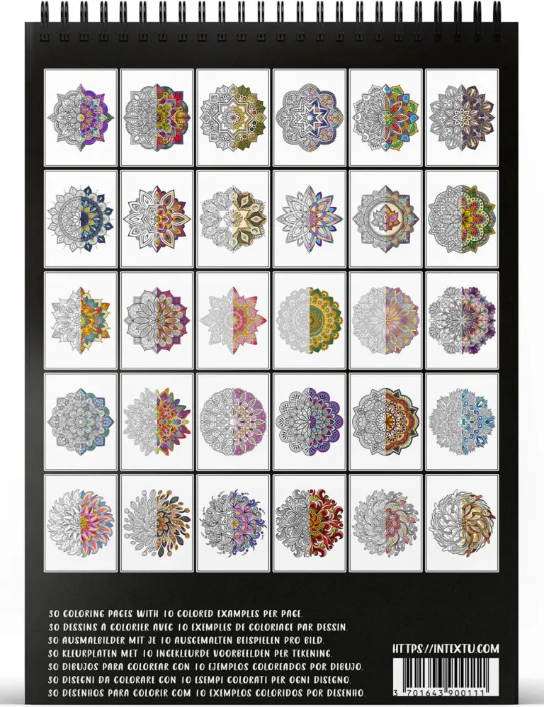 Preview of the 30 coloring pages from the "Celestial Mandalas" adult coloring book for relaxation and creative escape.