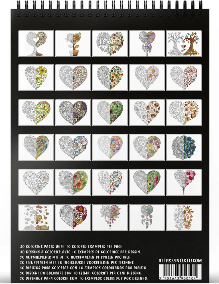Preview of the 30 coloring pages from the "Loving hearts" adult coloring book for relaxation and creative escape.