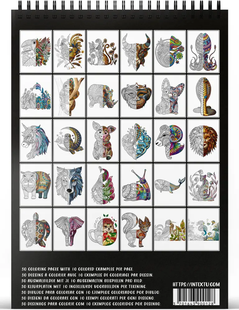 Preview of the 30 coloring pages from the "Mandalas - Animals" adult coloring book for relaxation and creative escape.