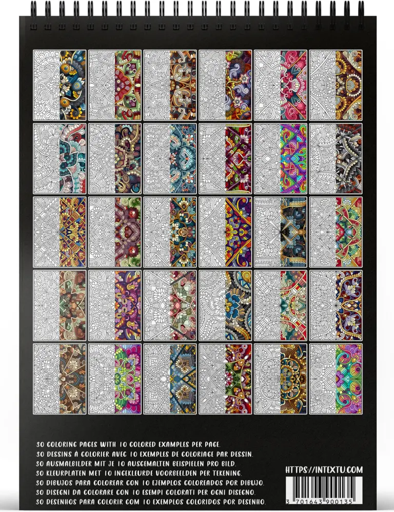 Preview of the 30 coloring pages from the "Mandalas - Floral patterns" adult coloring book for relaxation and creative escape.