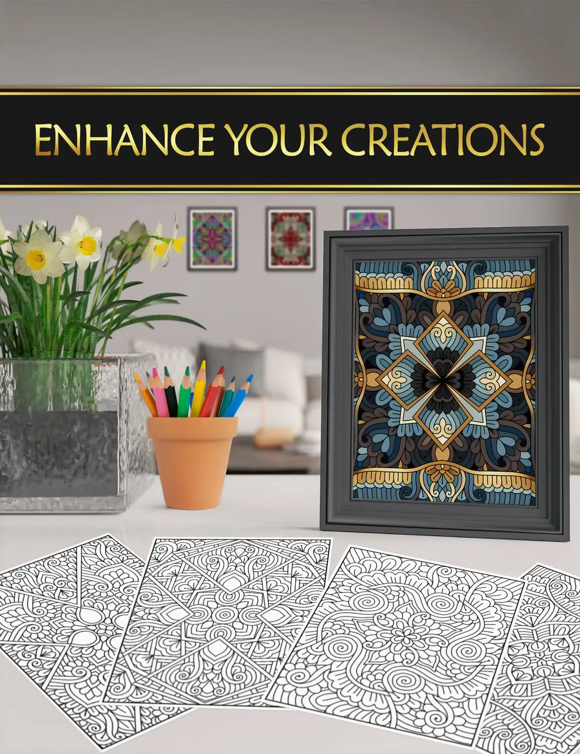 Showcase your "Mandalas - Floral patterns" creations – turn your art into decor Framed coloring pages from "Mandalas - Floral patterns", perfect for displaying your artistic creations at home.