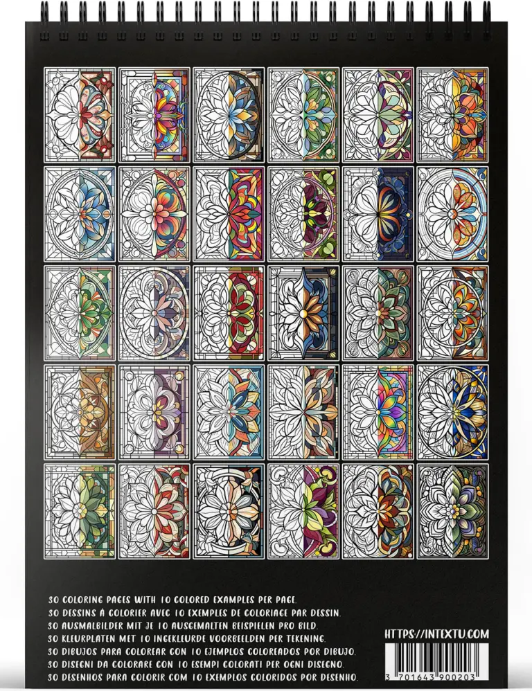 Preview of the 30 coloring pages from the "Mandalas Stained Glass" adult coloring book for relaxation and creative escape.