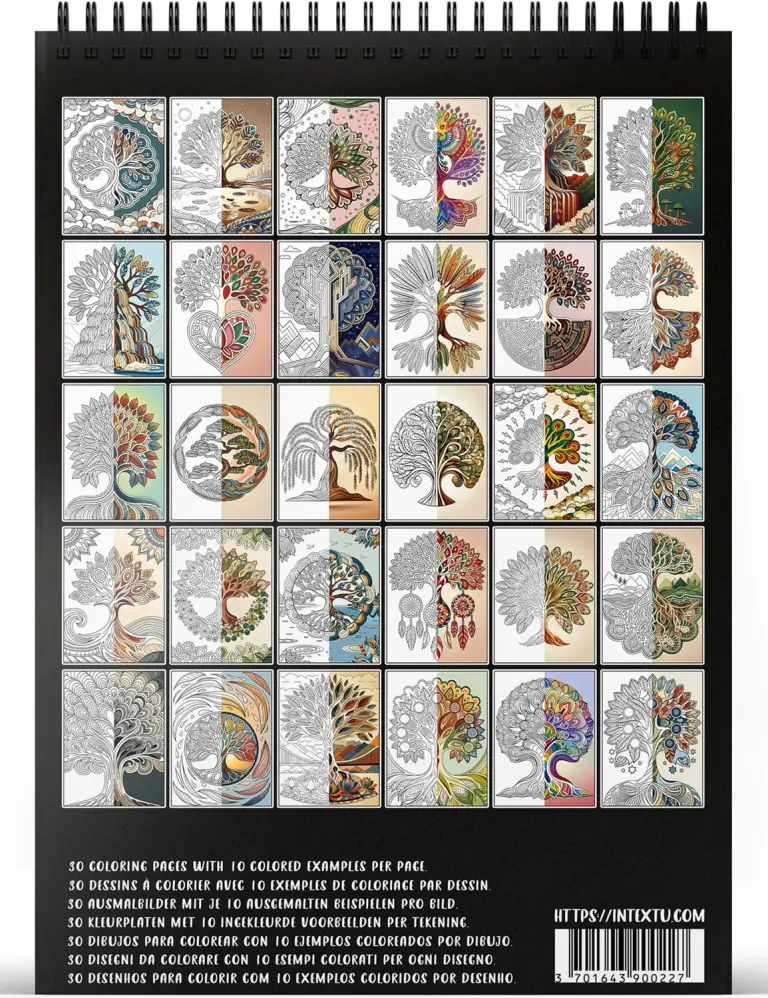 Preview of the 30 coloring pages from the "Mandalas - Zen Trees" adult coloring book for relaxation and creative escape.