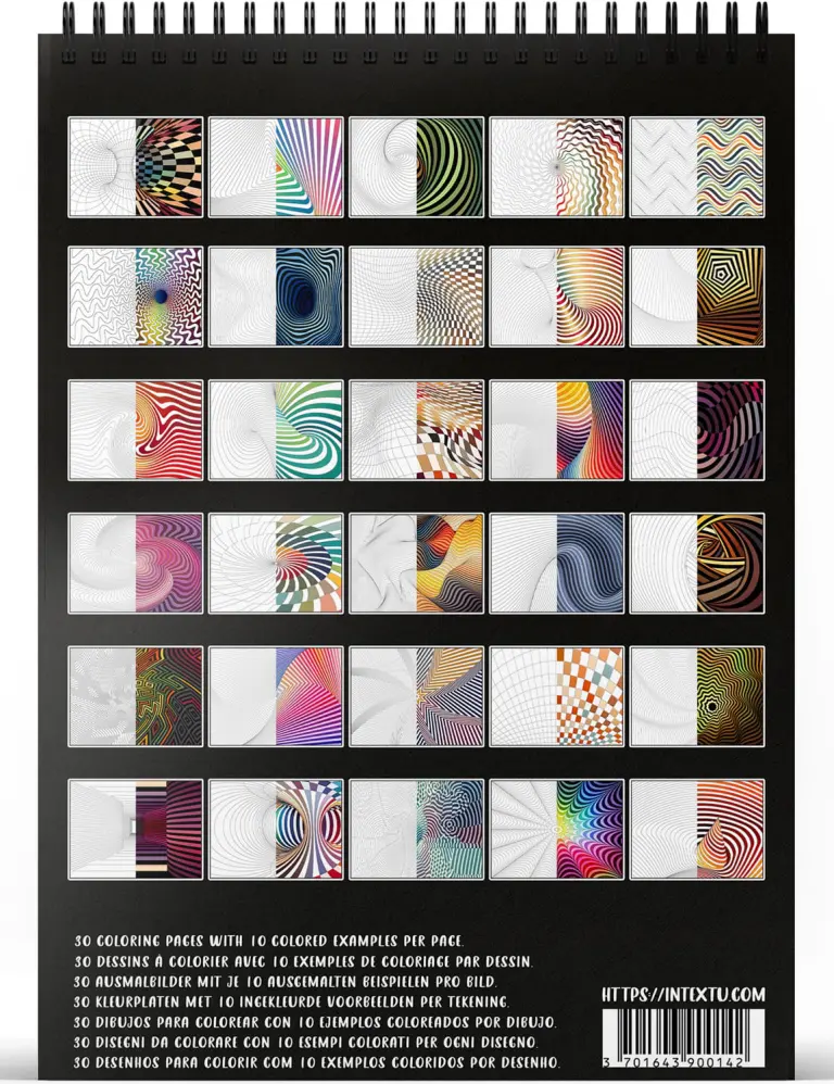 Preview of the 30 coloring pages from the "Optical Illusions" adult coloring book for relaxation and creative escape.
