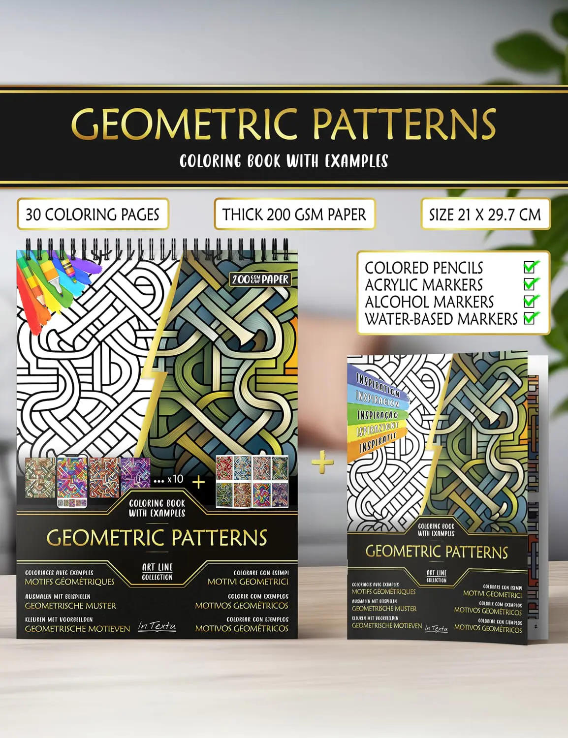 Inspiration booklet with colored examples – creative guide included Example booklet from "Geometric patterns", printed on thick A4 paper, suitable for colored pencils, water or alcohol markers.