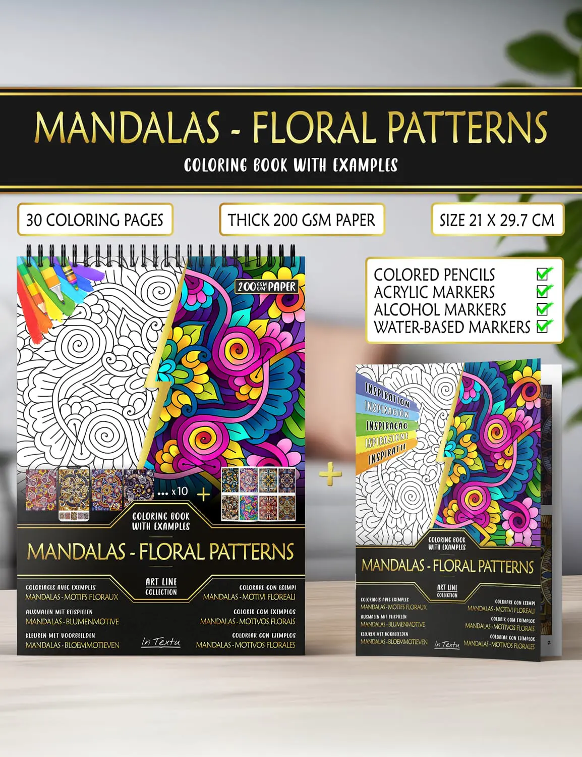 Inspiration booklet with colored examples – creative guide included Example booklet from "Mandalas - Floral patterns", printed on thick A4 paper, suitable for colored pencils, water or alcohol markers.