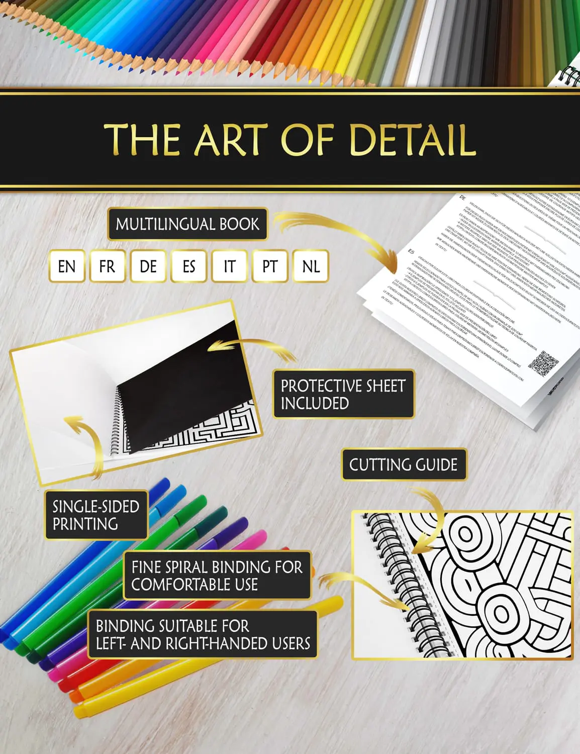 Premium design for the perfect coloring experience Coloring book with anti-bleed sheet, fine spiral binding, and easy-cut guide for smooth, comfortable coloring.