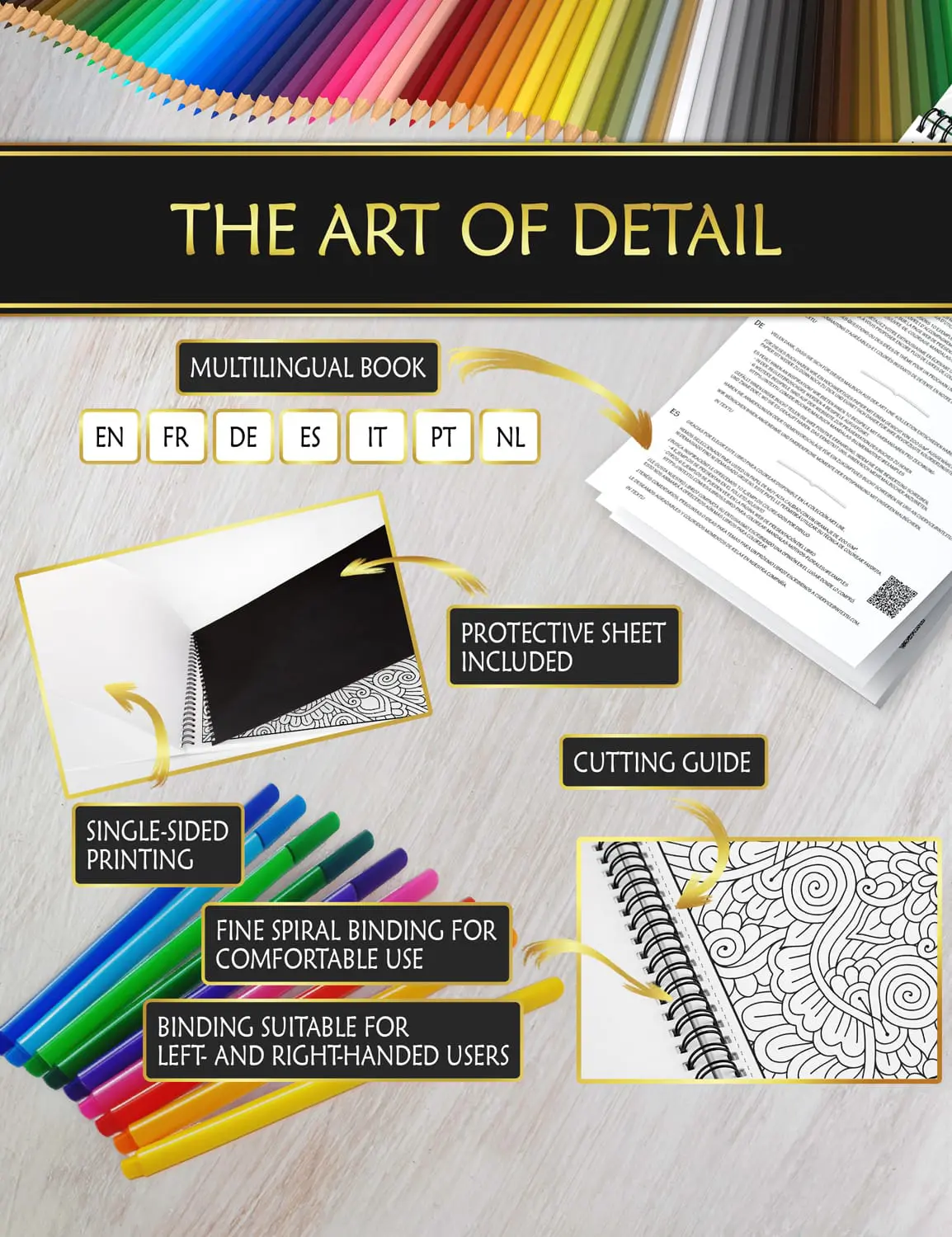 Premium design for the perfect coloring experience Coloring book with anti-bleed sheet, fine spiral binding, and easy-cut guide for smooth, comfortable coloring.
