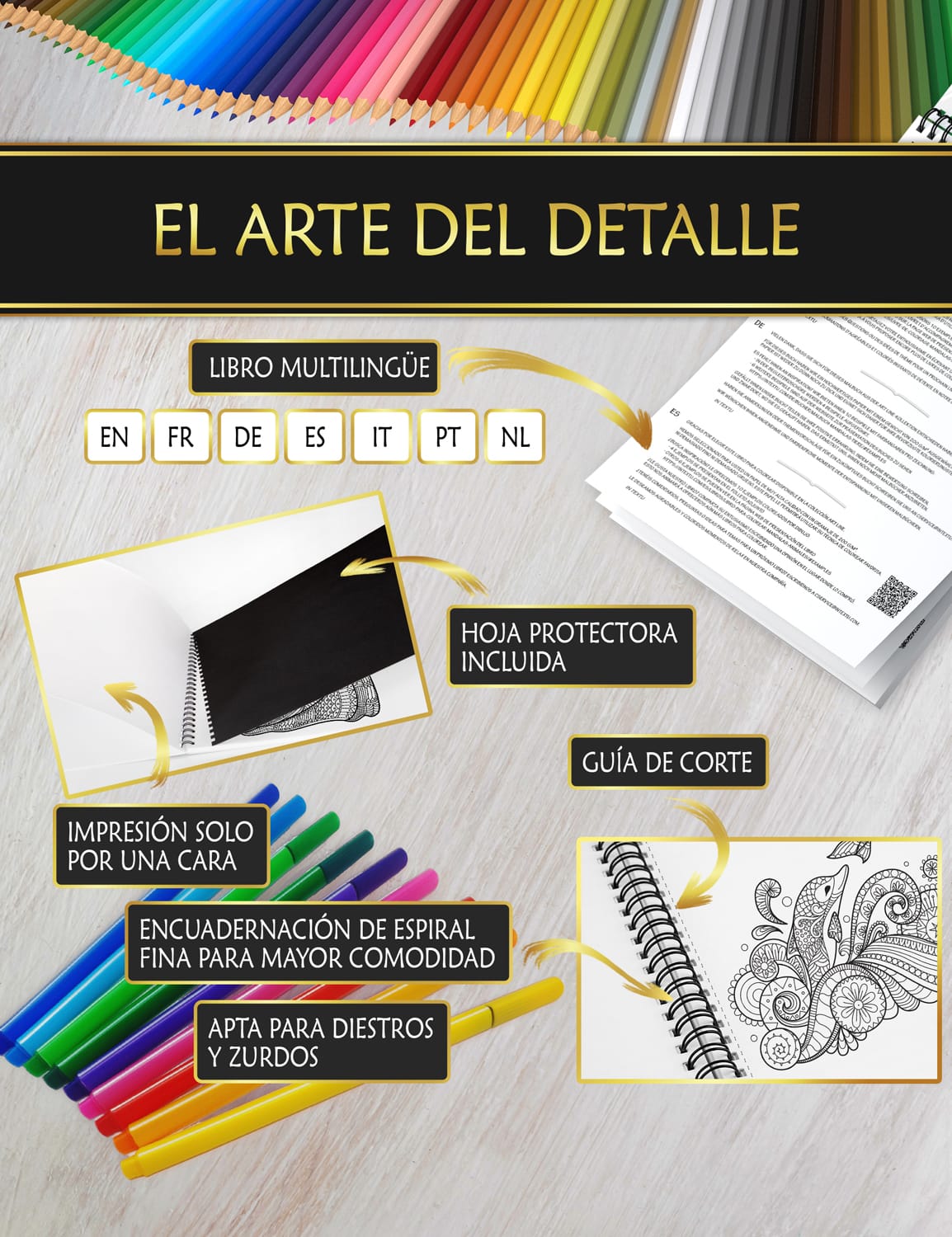 Diseño premium para una experiencia de color única Libro con hoja protectora anti manchas, encuadernación en espiral fina y guía de corte fácil para un coloreado cómodo.