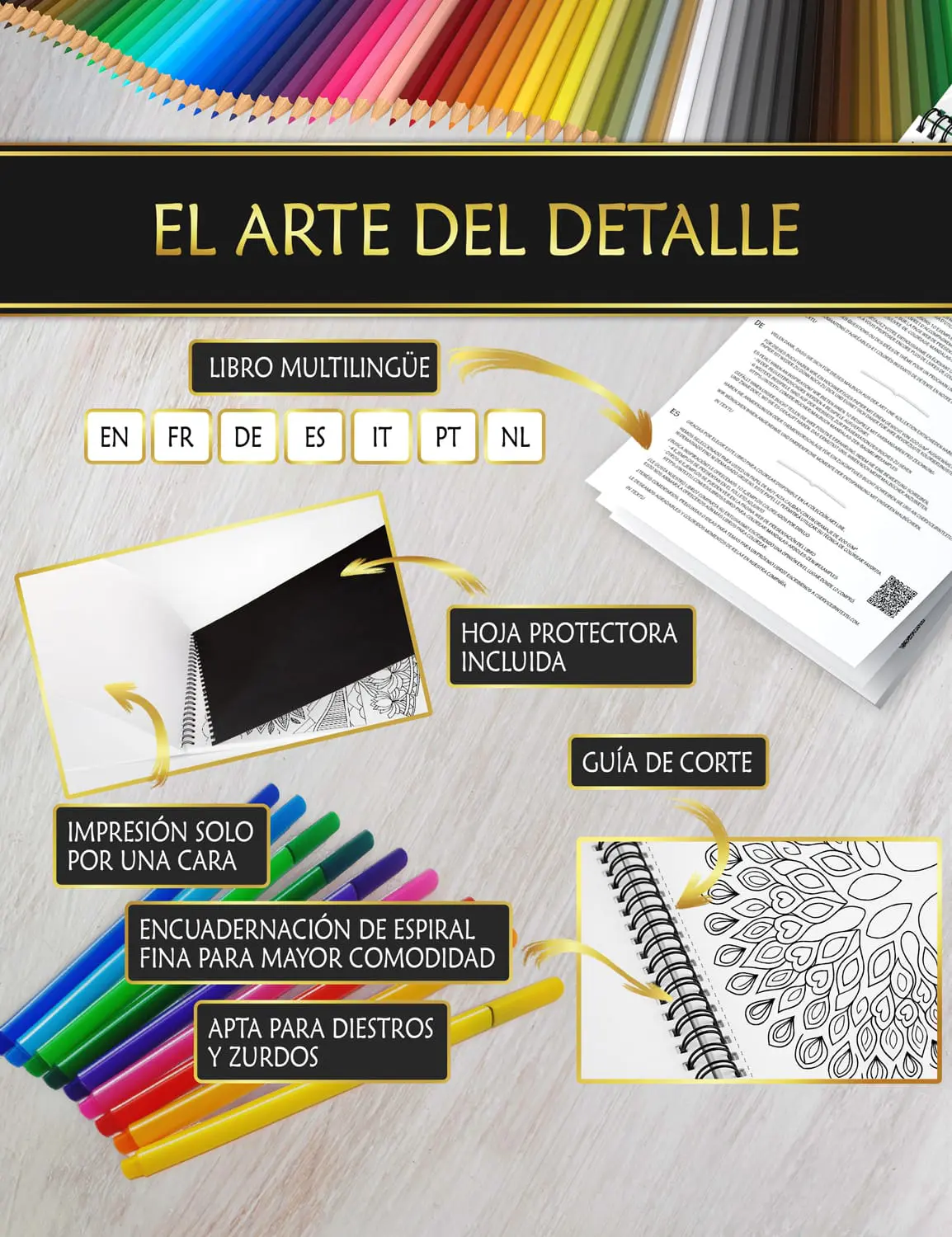 Libro con hoja protectora anti manchas, encuadernación en espiral fina y guía de corte fácil para un coloreado cómodo.