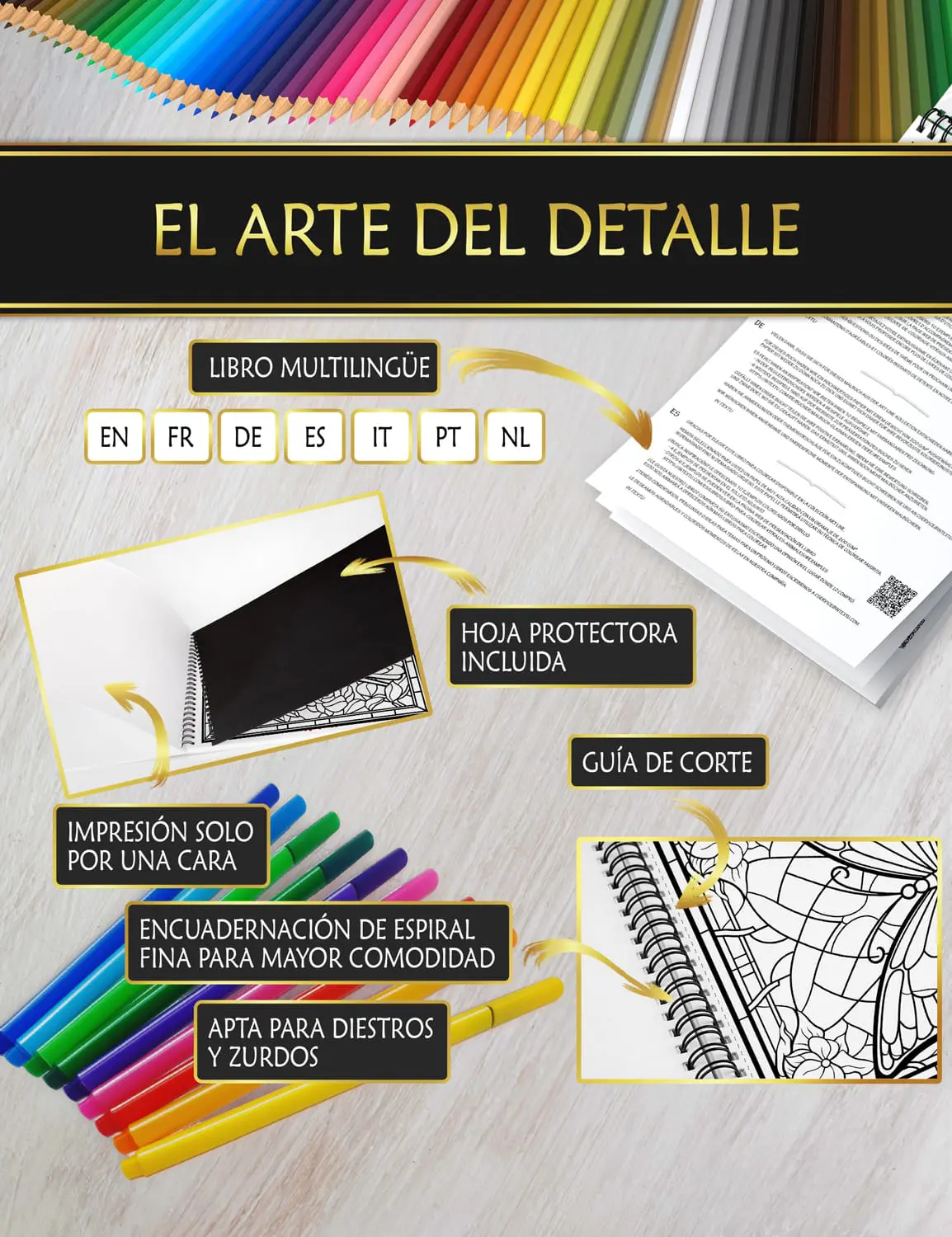 Libro con hoja protectora anti manchas, encuadernación en espiral fina y guía de corte fácil para un coloreado cómodo.
