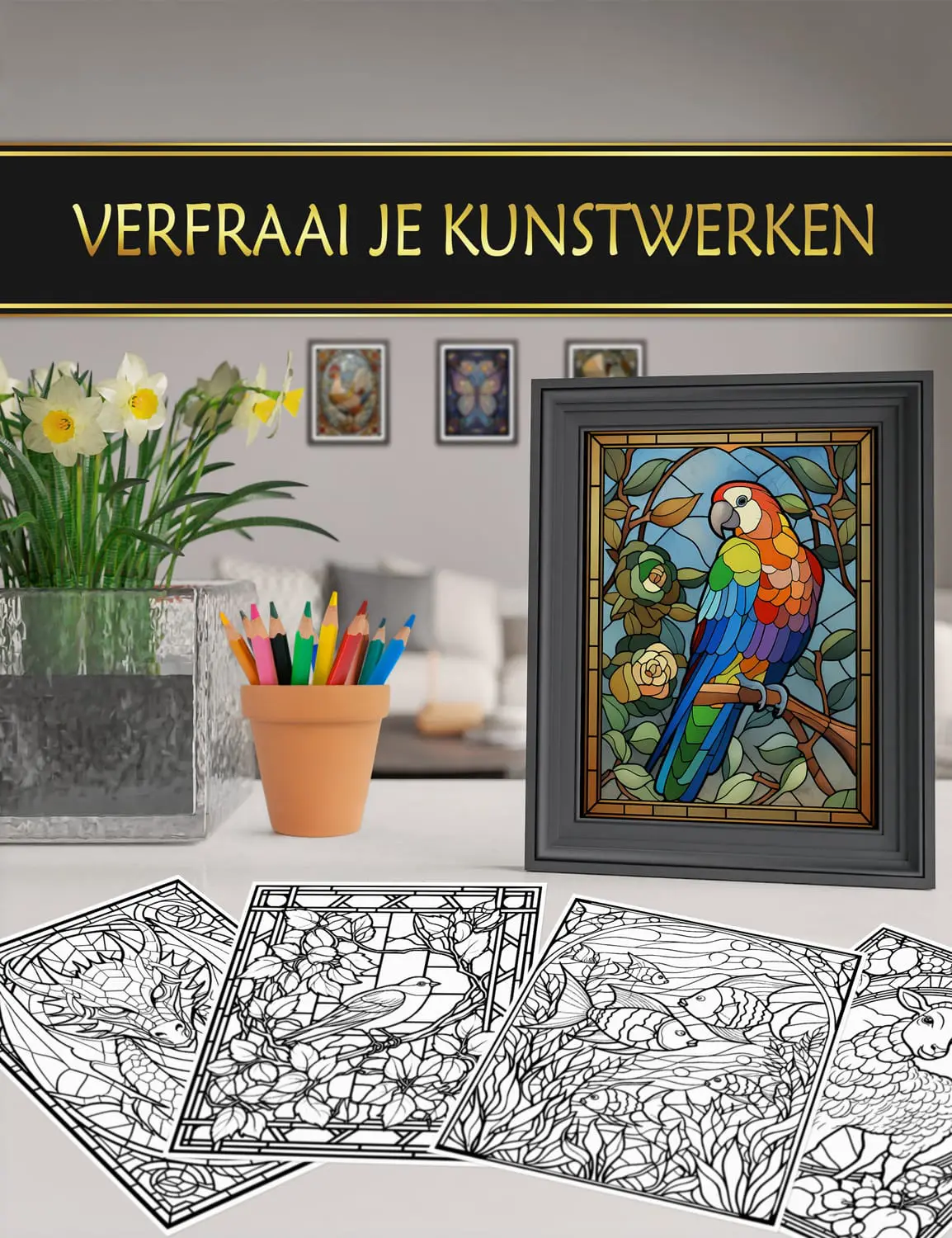 Ingelijste kleurplaten uit "Glas-in-loodramen - Dieren", ideaal om je kunstwerken te tonen of je interieur te versieren.