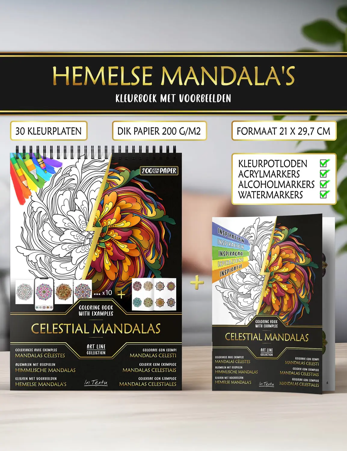 Inspiratieboekje met ingekleurde voorbeelden – creatieve gids inbegrepen Voorbeeldboekje uit "Hemelse Mandala's", gedrukt op dik A4-papier, geschikt voor kleurpotloden en stiften op water- of alcoholbasis.