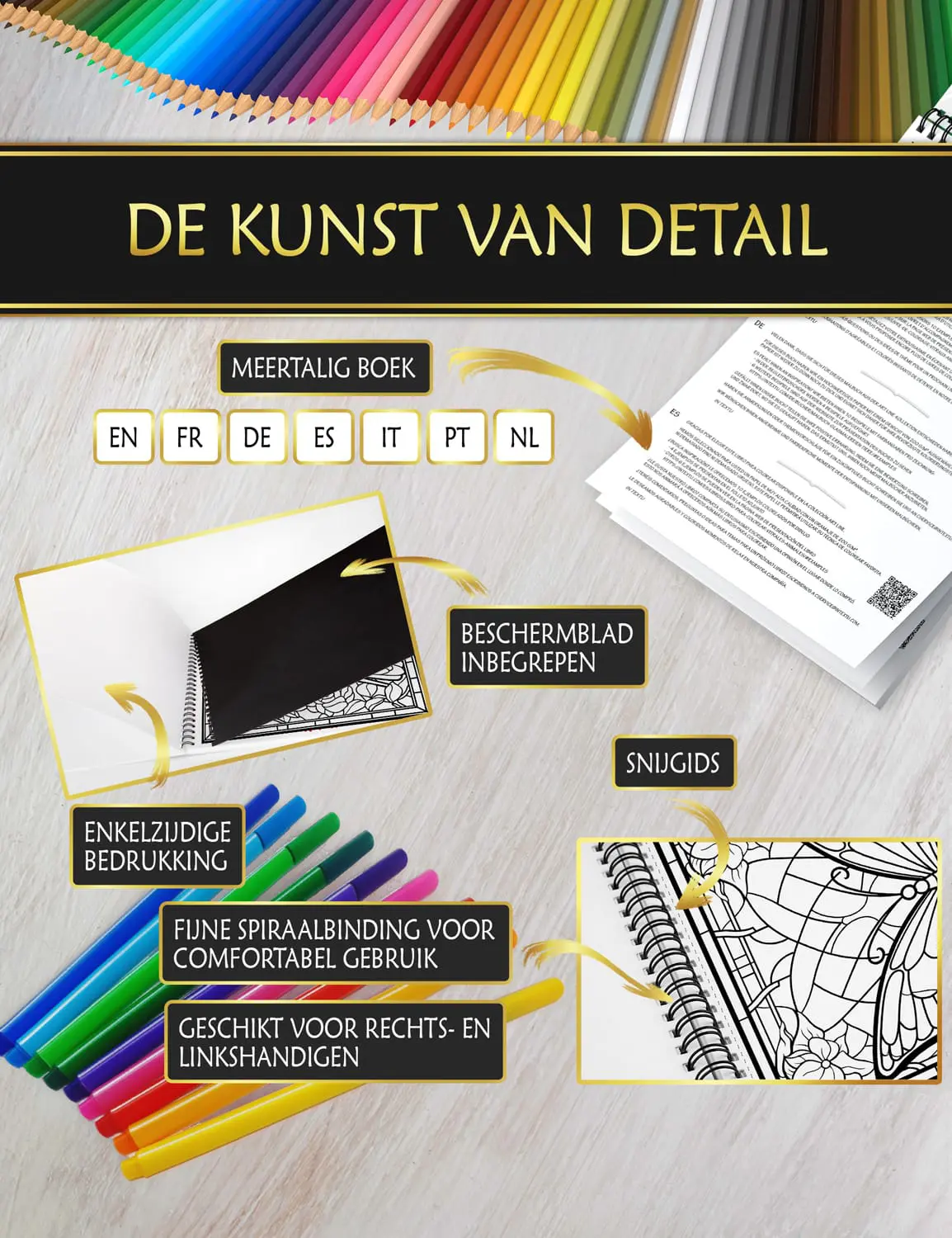 Kleurboek met anti-doordrukvel, fijne spiraalbinding en snijhulplijn voor een comfortabele kleurervaring.