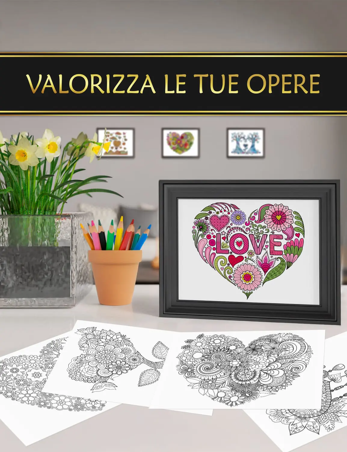 Disegni colorati e incorniciati dal libro "Cuori innamorati", ideali per decorare la tua casa con stile.