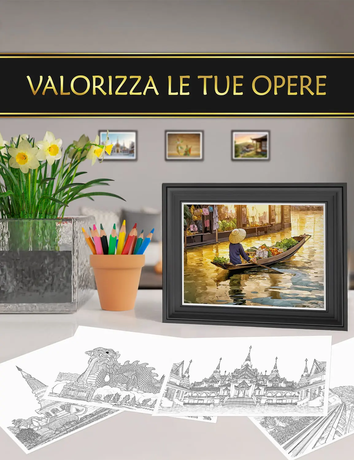 Disegni colorati e incorniciati dal libro "Destinazione Thailandia", ideali per decorare la tua casa con stile.