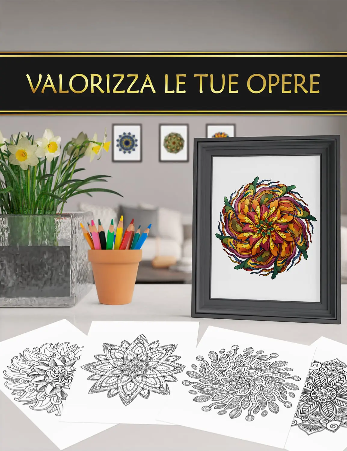 Disegni colorati e incorniciati dal libro "Mandalas celesti", ideali per decorare la tua casa con stile.