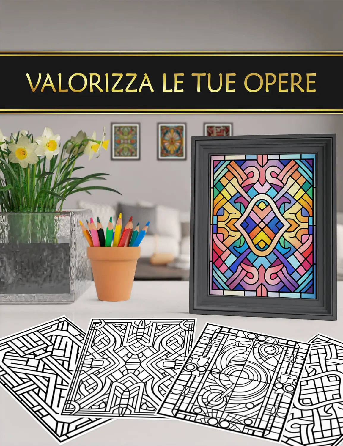Disegni colorati e incorniciati dal libro "Vetrate moderne", ideali per decorare la tua casa con stile.