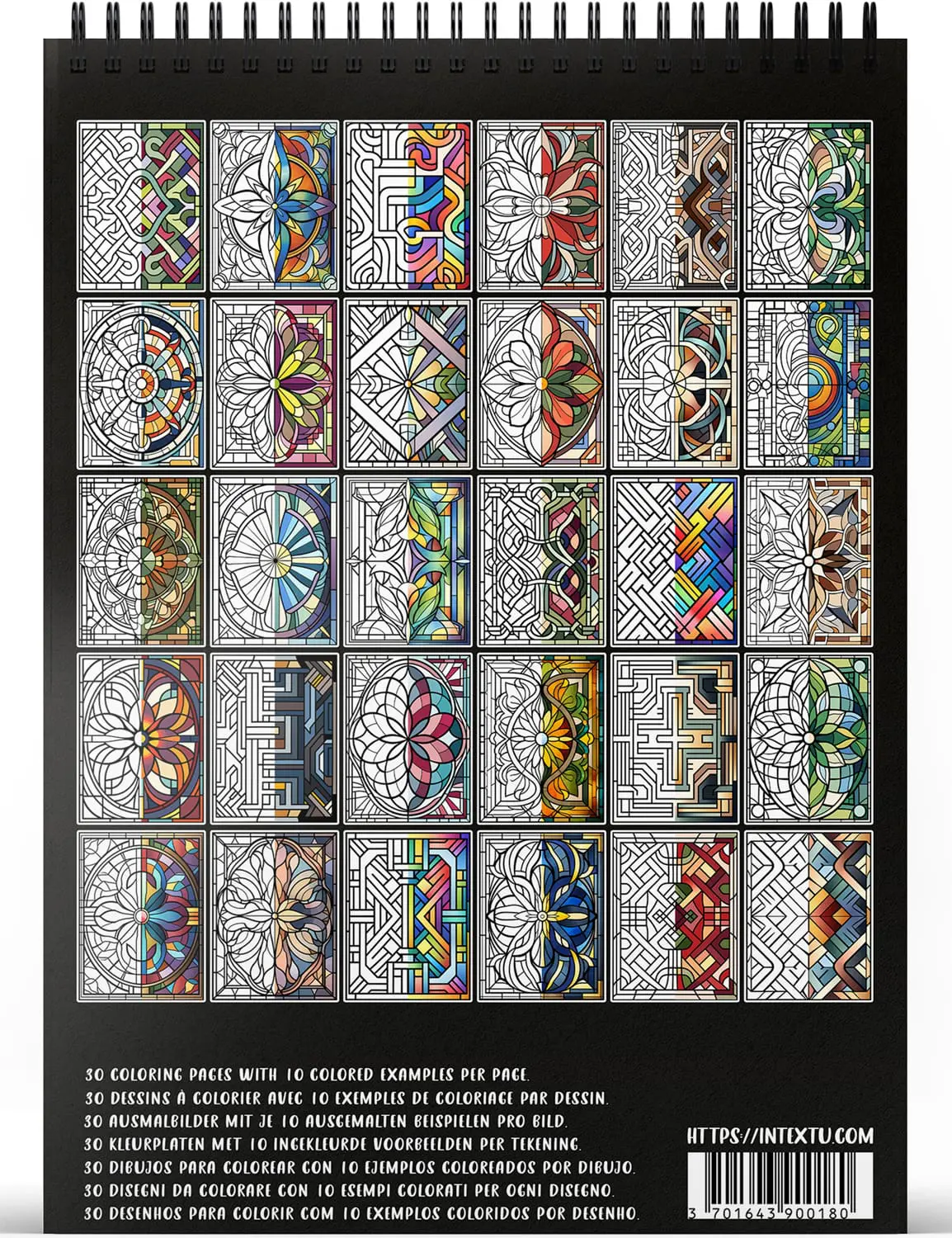 Anteprima dei 30 disegni da colorare del libro "Vetrate moderne", perfetto per rilassarsi e stimolare la mente creativa.