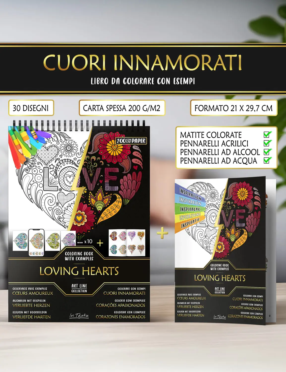Libretto di esempi colorati di "Cuori innamorati", carta spessa formato A4, adatto per matite, pennarelli ad acqua o ad alcool.