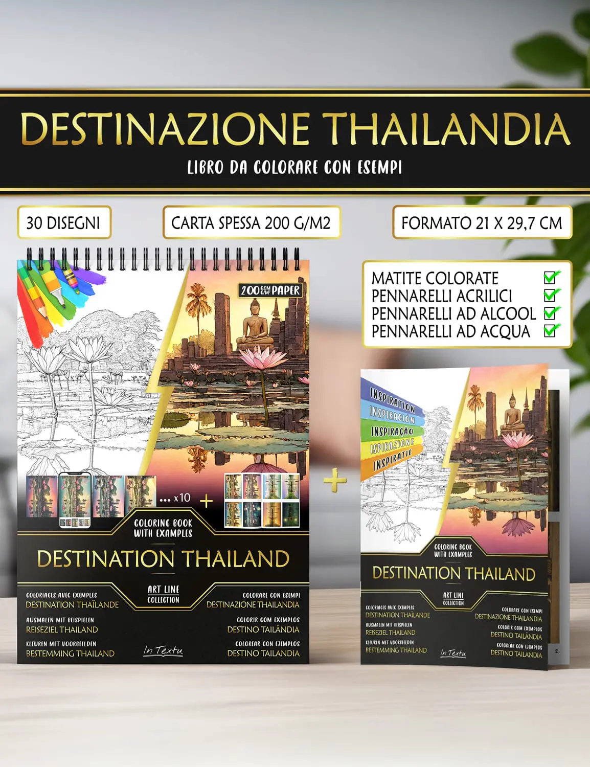Libretto di esempi colorati di "Destinazione Thailandia", carta spessa formato A4, adatto per matite, pennarelli ad acqua o ad alcool.
