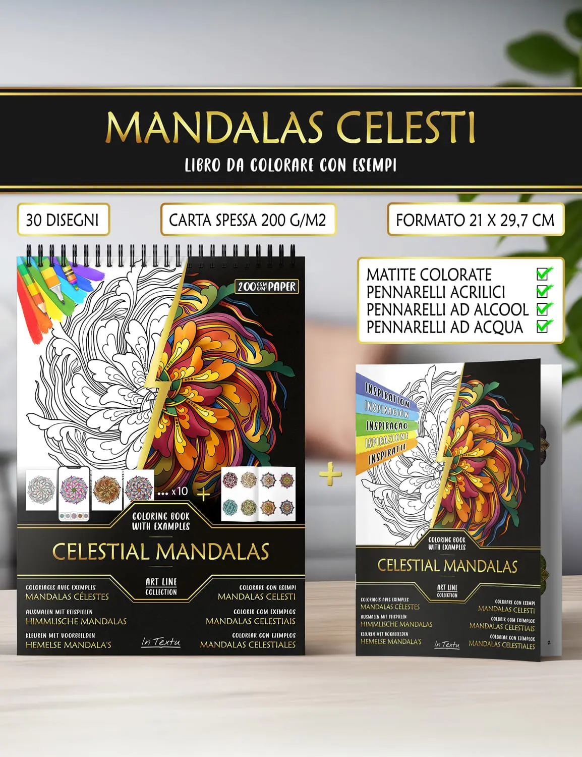 Libretto di esempi colorati di "Mandalas celesti", carta spessa formato A4, adatto per matite, pennarelli ad acqua o ad alcool.