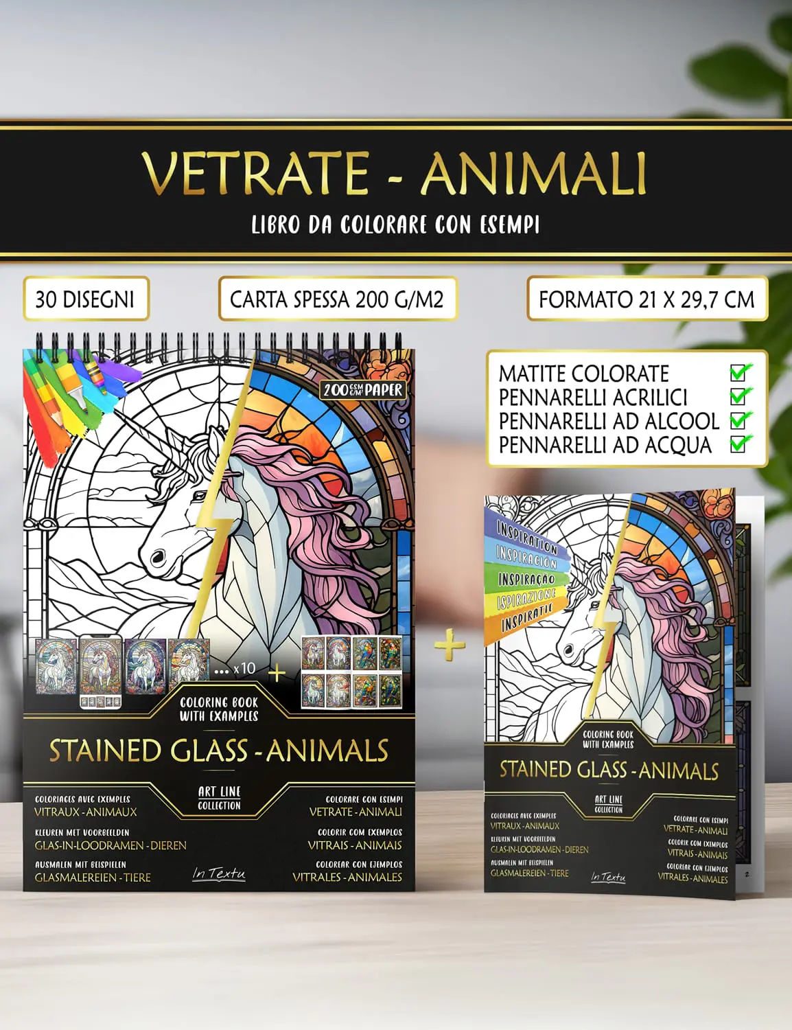 Libretto di esempi colorati di "Vetrate - Animali", carta spessa formato A4, adatto per matite, pennarelli ad acqua o ad alcool.