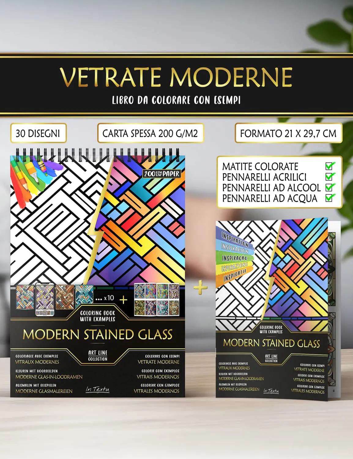 Libretto di esempi colorati di "Vetrate moderne", carta spessa formato A4, adatto per matite, pennarelli ad acqua o ad alcool.