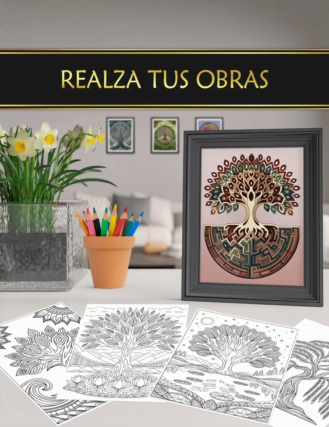 Ilustraciones coloreadas y enmarcadas del libro "Mandalas - Árboles Zen", ideales para decorar tu hogar.