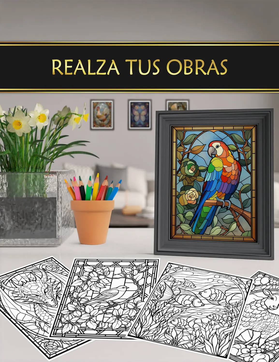 Ilustraciones coloreadas y enmarcadas del libro "Vitrales - Animales", ideales para decorar tu hogar.