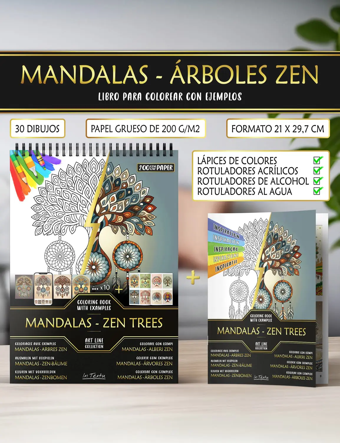 Cuaderno de ejemplos de "Mandalas - Árboles Zen", impreso en papel grueso A4, apto para lápices de color y rotuladores al agua o al alcohol.