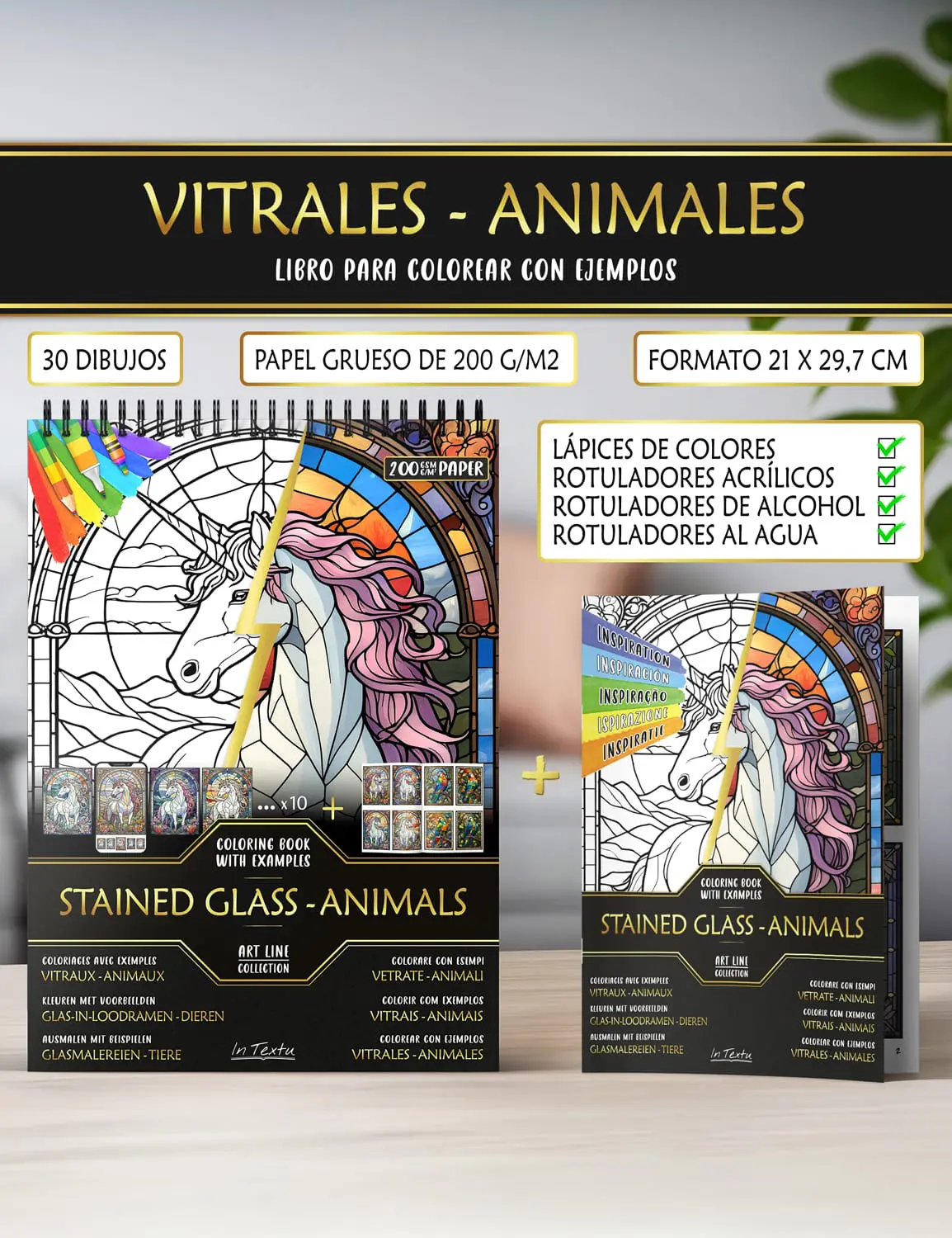 Cuaderno de ejemplos de "Vitrales - Animales", impreso en papel grueso A4, apto para lápices de color y rotuladores al agua o al alcohol.