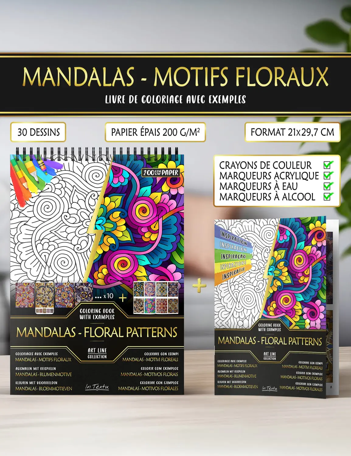Livret d’inspiration avec exemples de coloriages terminés – guide créatif inclus Livret d’exemples colorisés du livre de coloriage "Mandalas - Motifs Floraux", papier épais A4 compatible avec crayons de couleur, feutres, marqueurs à eau ou à alcool.
