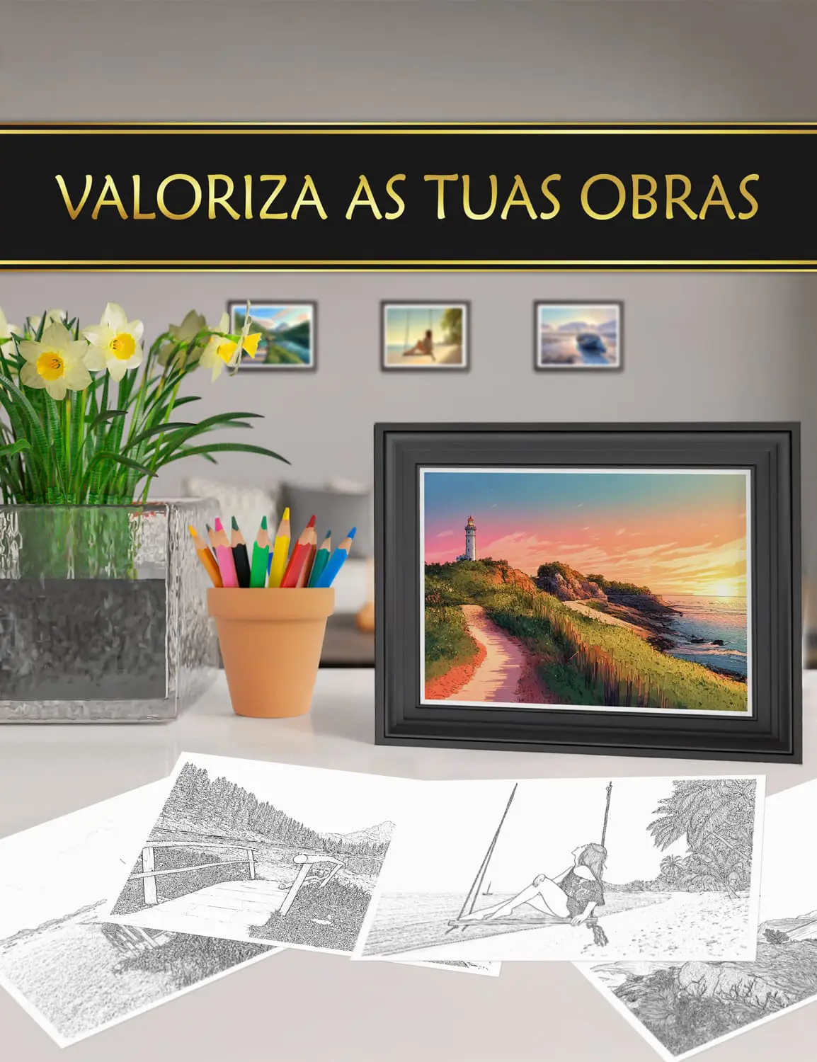 Desenhos coloridos e emoldurados do livro "Paisagens", perfeitos para decorar o seu espaço.