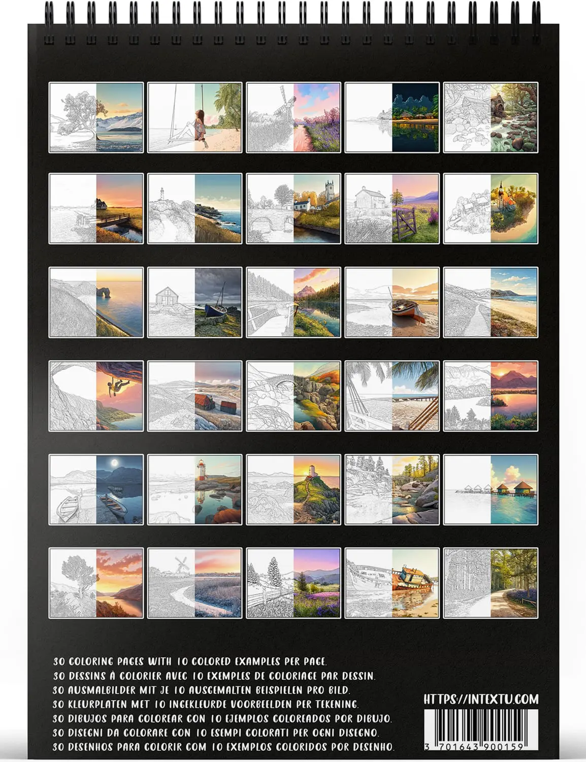 Pré-visualização das 30 páginas de "Paisagens", um livro de colorir ideal para momentos de calma e inspiração.