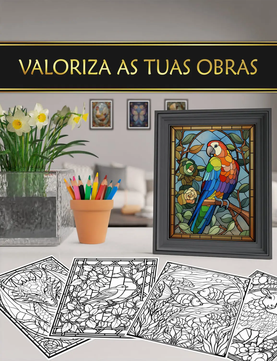 Desenhos coloridos e emoldurados do livro "Vitrais - Animais", perfeitos para decorar o seu espaço.
