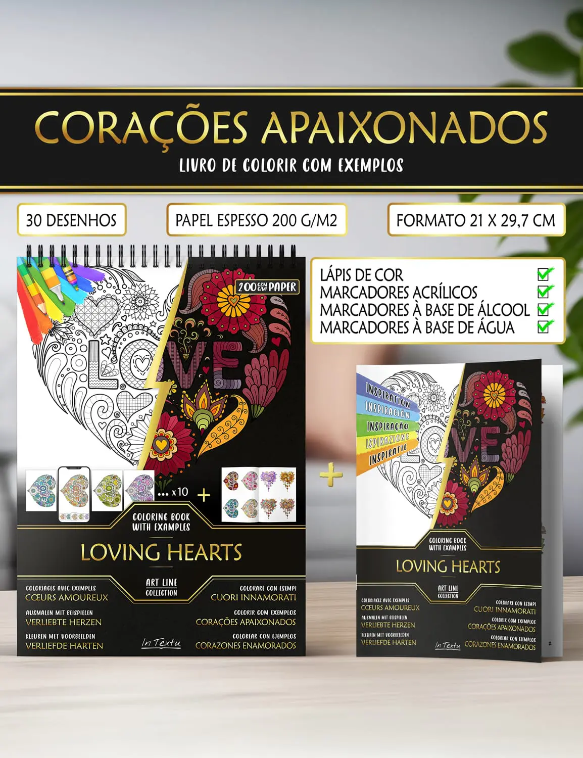 Caderno de exemplos de "Corações apaixonados", em papel grosso A4, ideal para lápis de cor e marcadores à base de água ou álcool.